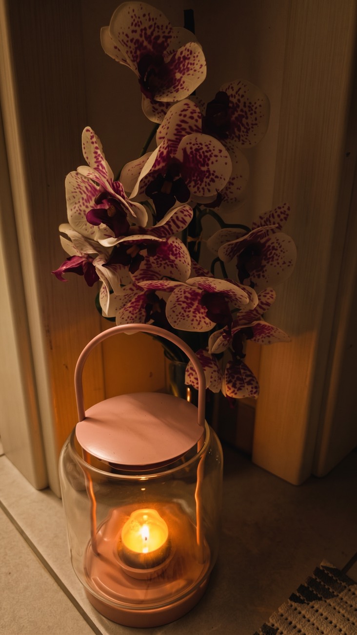 Hořící svíčka v růžové lucerně, za ní orchidej